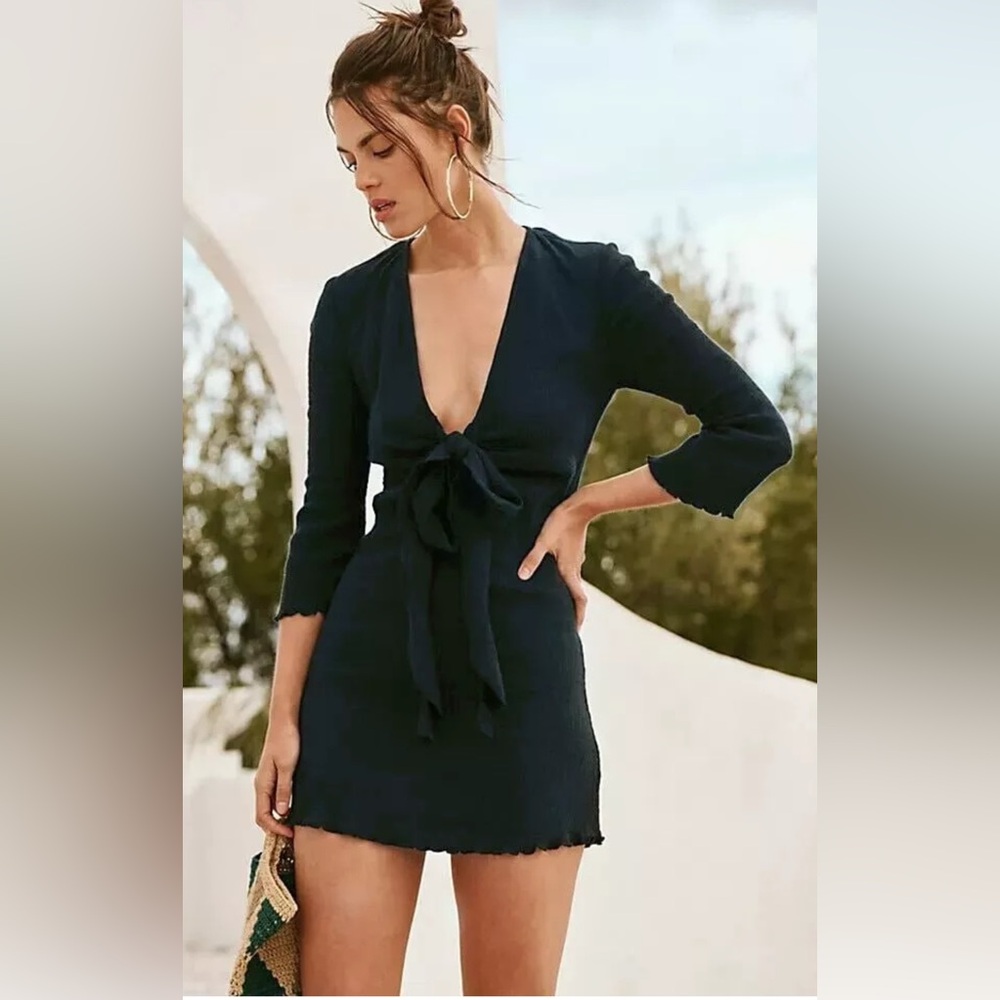 Free People Navy Blue Tie-Front Mini Dress